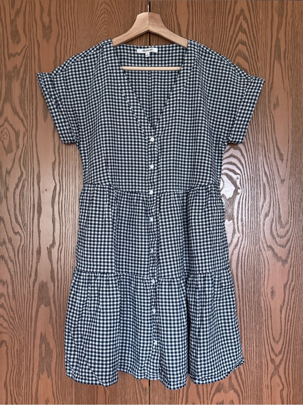 Madewell Gingham Check Cuff Sleeve Button-Front Tiered Dress, Navy, Size XS